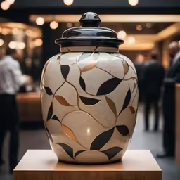 an artistic ceramic urn on a pedestal near people