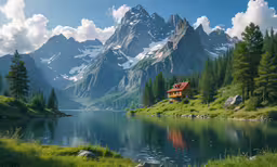 a picture of the house is near the mountain lake