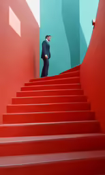 a man walking down the red stairs in a building
