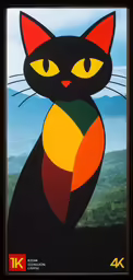 a black cat with yellow eyes on a colorful background