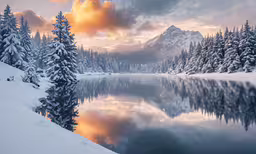 a beautiful, snowy landscape with a mountain lake