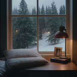 a bed sitting under a window with a blanket next to it