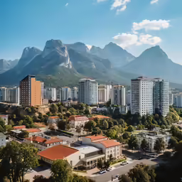 a large cityscape with mountains in the background