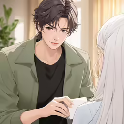 the girl in a white wig is looking at a guy