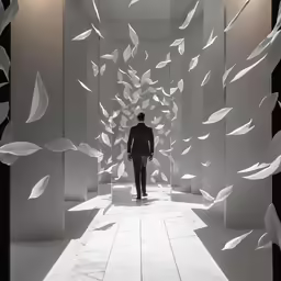 a man walks down a white and black hallway