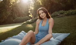 a woman sitting in a field with her legs crossed