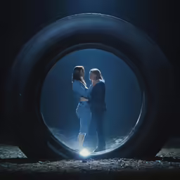 a couple embrace while standing in a tire