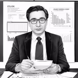 a man wearing glasses sits at a desk in front of a newspaper and looks at the camera