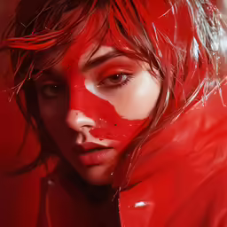 a woman with a red face, red paint all over her face and hair