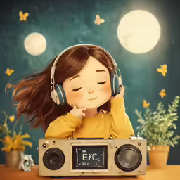 a doll in a headphones is listening to music