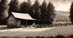 an old barn is surrounded by trees and fence,a barn and trees in the field with the sky