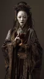 a geisha doll holding a crystal in her hand,a woman dressed in a geisha costume and holding a cup