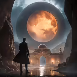 a man standing in front of an entrance to a planet with a full moon