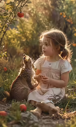 a little girl feeding a kitten by some bushes