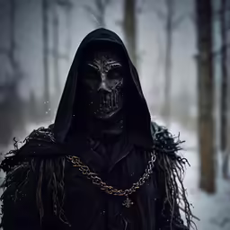 a skeleton is standing in the woods in winter