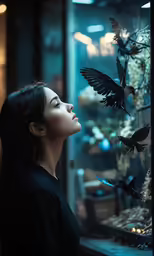 a woman looking at some birds flying in the sky