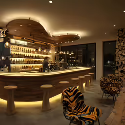 there are many chairs around a round bar