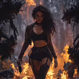 a woman in lingerie holding a knife near a fire