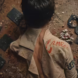a young child sitting on the ground with pieces of broken furniture