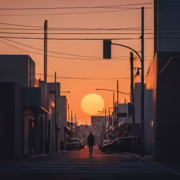 person walking towards street light, at sunset