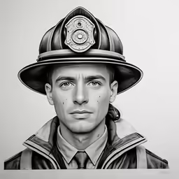 a black and white drawing of a fireman wearing a helmet