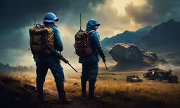 two people in jackets and backpacks looking at an off - road vehicle,two soldiers look at a vehicle through binoculars in the distance