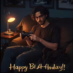 a man on a couch looking at a camera