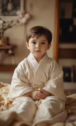the little boy is dressed in a traditional chinese kimono