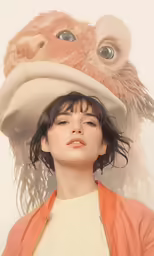 a woman with a weird hat on her head