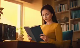 woman in yellow shirt reading a book near a table with a television