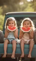 two young girls eating watermelon in the back of a pick up truck