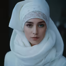 a girl wearing a white head dress and a headscarf