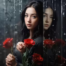 a woman standing in front of three different images of her