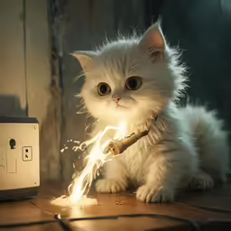 white kitten playing with a stick while sitting on a table