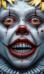 an illustration of a clown with blood dripping down all over it