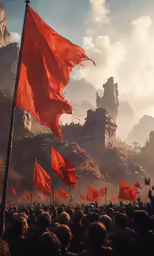 some flags and some people are standing in front of some buildings