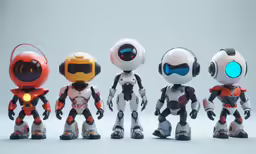 six robot toy figures in various poses in an empty space