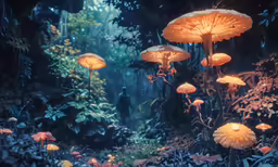 a painting of several mushrooms growing on trees