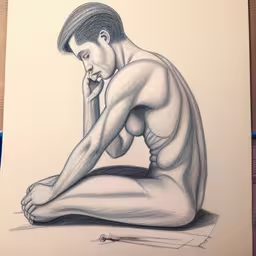 there is a drawing of a guy sitting,a pencil drawing of a man sitting on the ground holding a cigarette