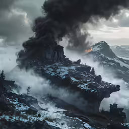 some mountains covered in lots of black smoke