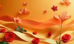 a couple of red flowers sitting in front of a yellow wall