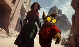 a woman standing next to an animated creature