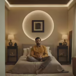 man sitting on bed in dimly lit bedroom