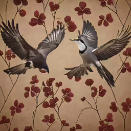 two birds are flying past the leaves and flowers