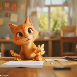 an orange kitten sitting on top of a wooden table