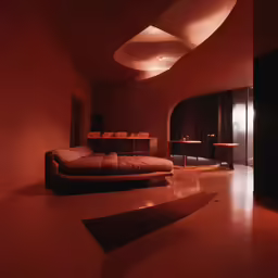 the room is lit by red lights