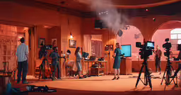 a group of people gathered around a television set,some people standing in front of cameras on a red carpet