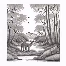 an animal that is in the middle of a forest,a pencil drawing of two deer in the woods