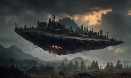 a big floating ship in a sky over a forest filled field