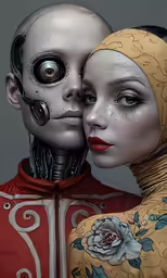 a woman and a man, all wearing body art tattoos